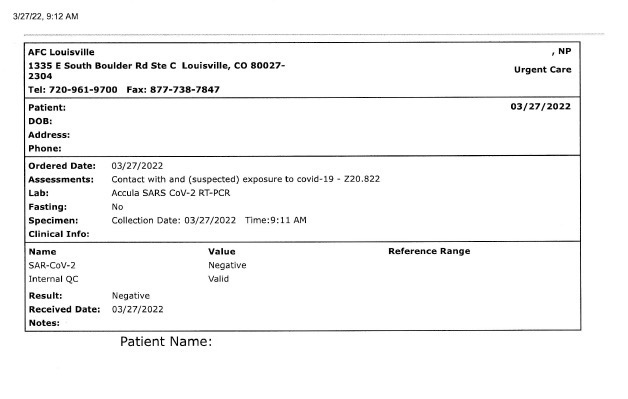 AFC Urgent Care COVID-19 テスト 日本入国書類