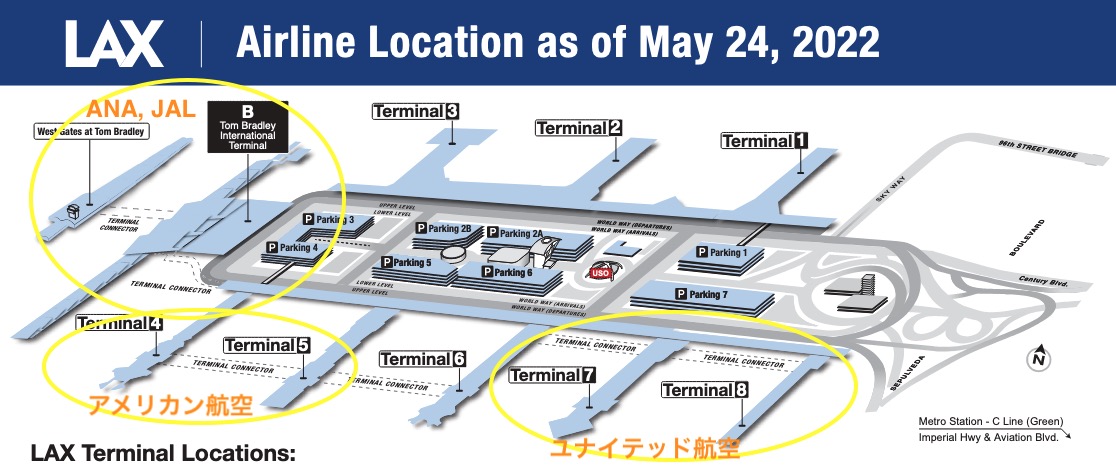 ロサンゼルス空港 LAX と ANA, JAL, アメリカン航空, ユナイテッド航空のターミナル